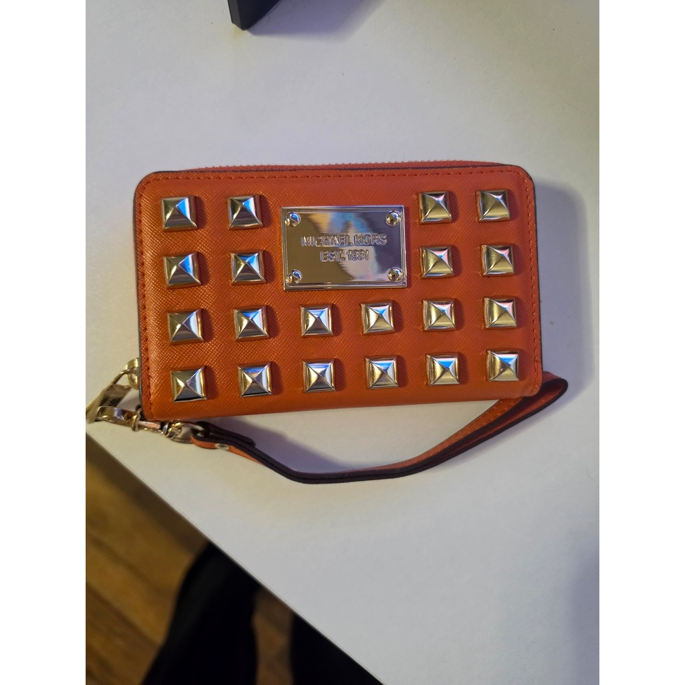 RARE Michael Kors Orange Saffiano Leather Studded Zip Around Wristlet Wallet - Picture 2 of 8